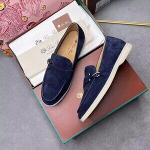Loro Piana Summer Charms Suede Walk Blue Loafers